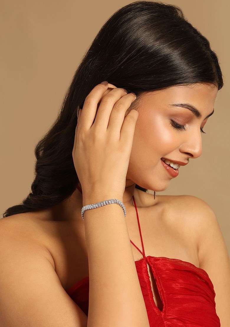 Rhodium Plated Rectangular Zircon Studded Anti Tarnish Dual Lock Linked Bracelet - Indya