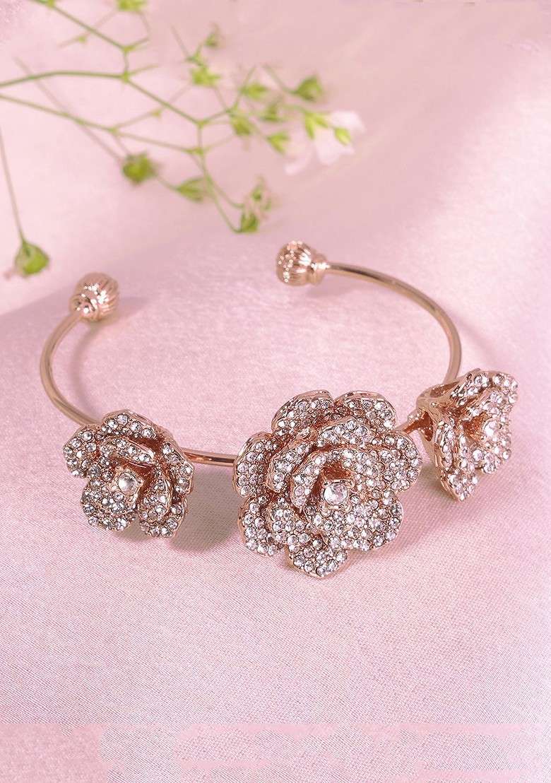 Rose Gold Plated Anti Tarnish Crystals Stone Studded Cuff Bracelet - Indya