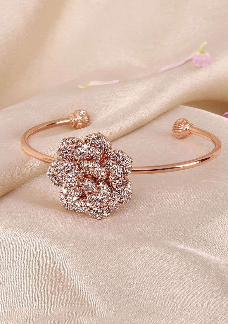 Rose Gold Plated Anti Tarnish Crystals Stone Studded Cuff Bracelet - Indya