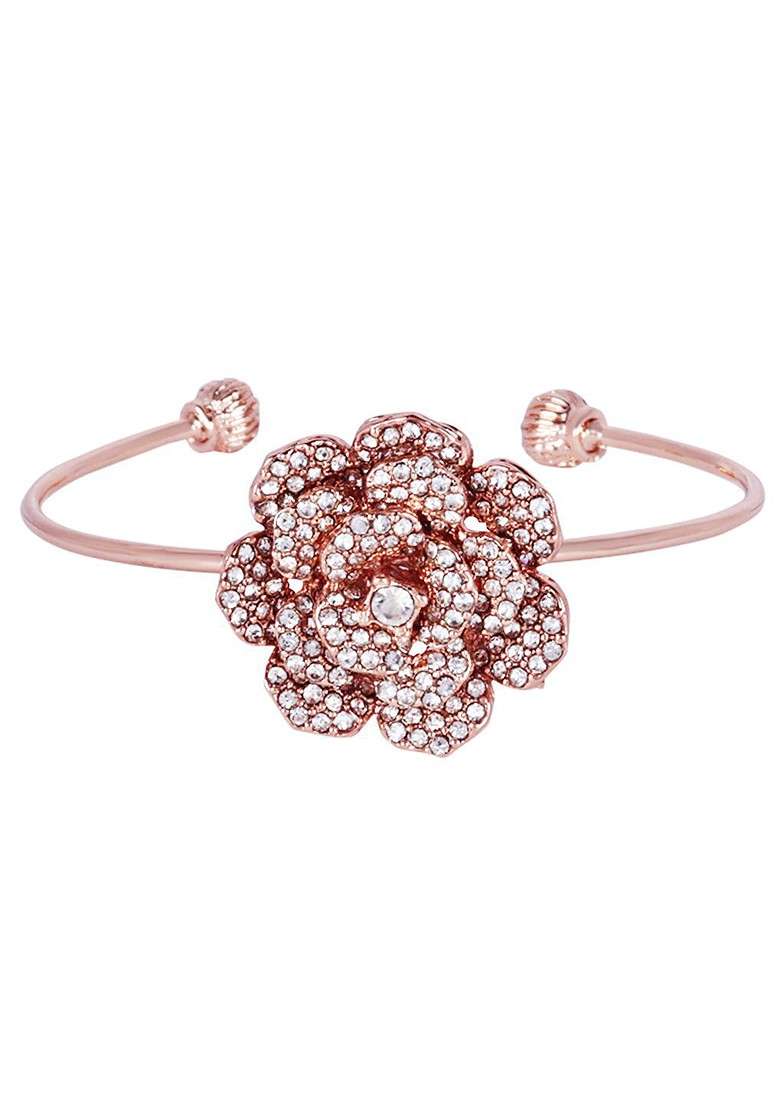 Rose Gold Plated Anti Tarnish Crystals Stone Studded Cuff Bracelet - Indya