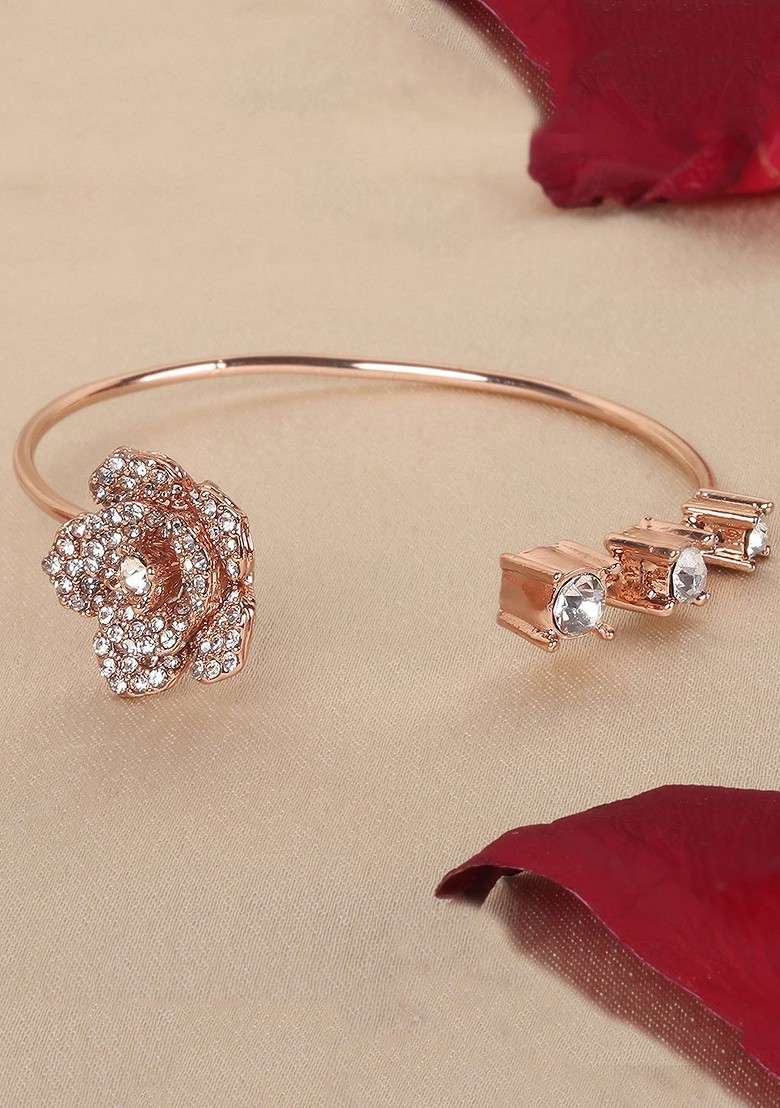 Rose Gold Plated Anti Tarnish Crystals Stone Studded Cuff Bracelet - Indya