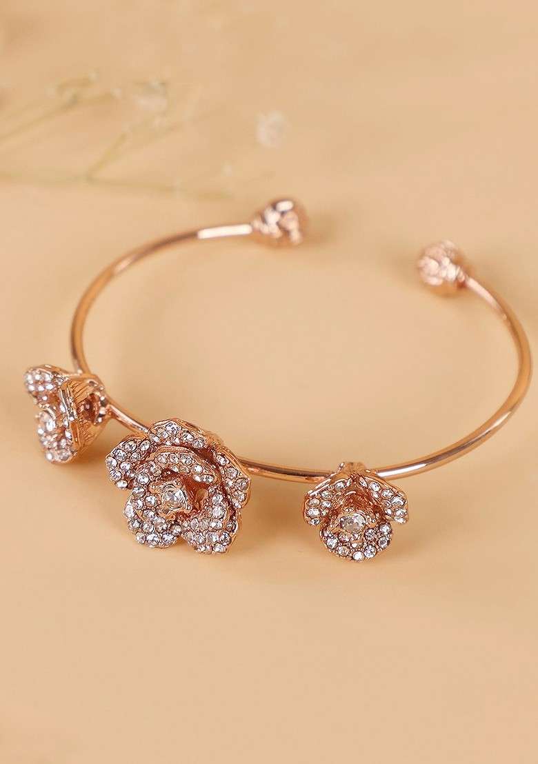 Rose Gold Plated Anti Tarnish Crystals Stone Studded Cuff Bracelet - Indya