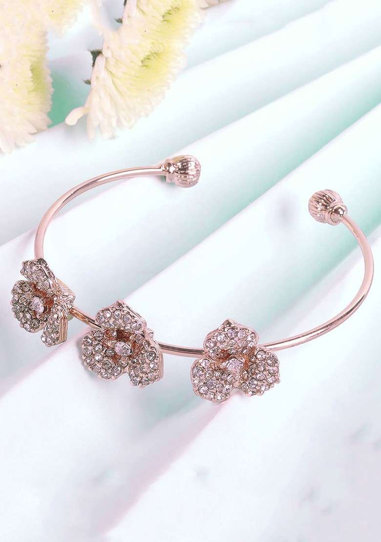 Rose Gold Plated Anti Tarnish Crystals Stone Studded Cuff Bracelet - Indya