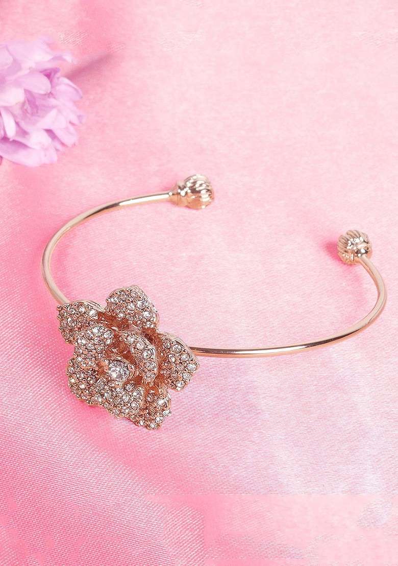 Rose Gold Plated Anti Tarnish Crystals Stone Studded Cuff Bracelet - Indya