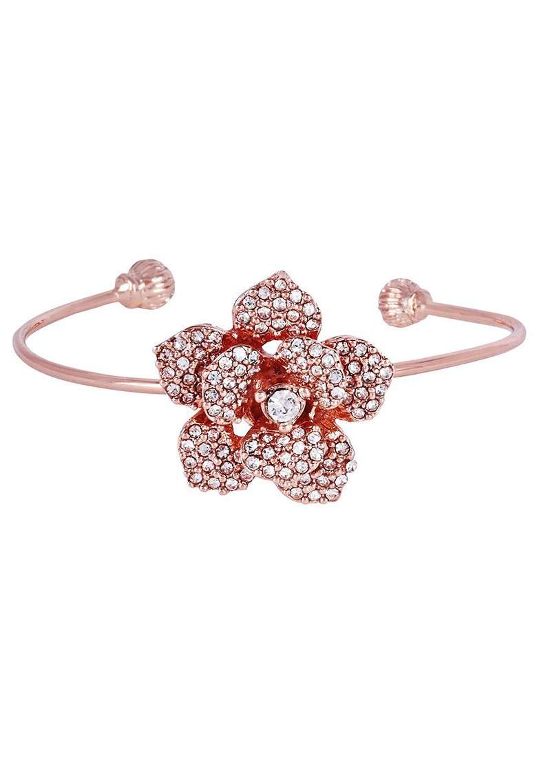 Rose Gold Plated Anti Tarnish Crystals Stone Studded Cuff Bracelet - Indya