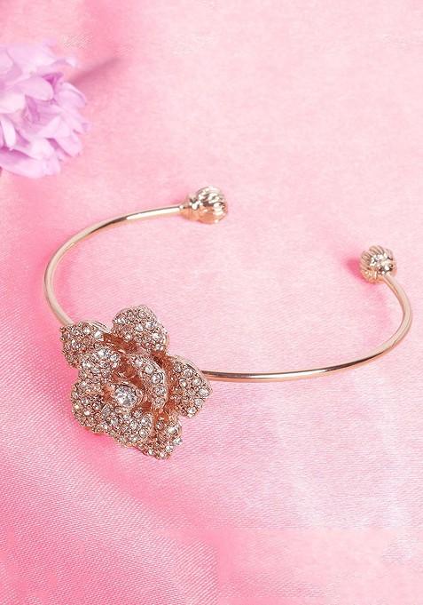 Rose Gold Plated Anti Tarnish Crystals Stone Studded Cuff Bracelet