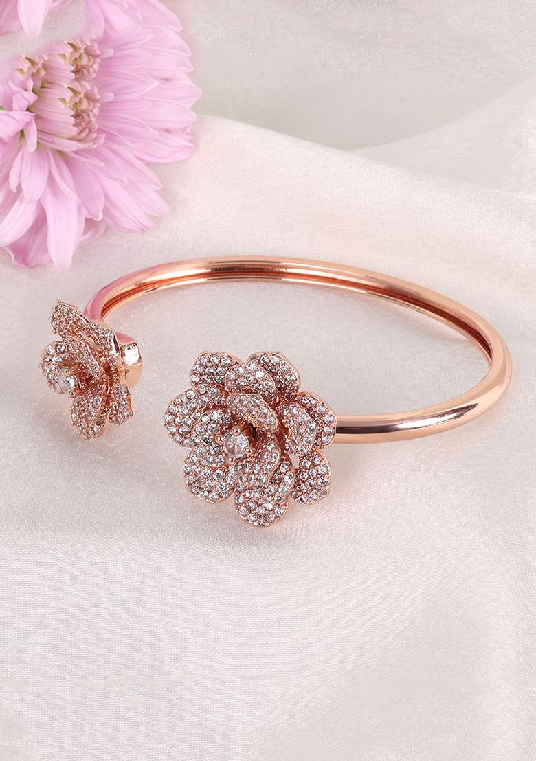 Rose Gold Plated Anti Tarnish Crystals Stone Studded Cuff Bracelet - Indya