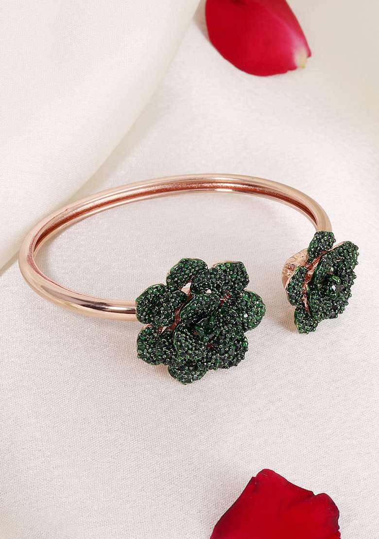 Rose Gold Plated Anti Tarnish American Diamond Stone Studded Cuff Bracelet - Indya