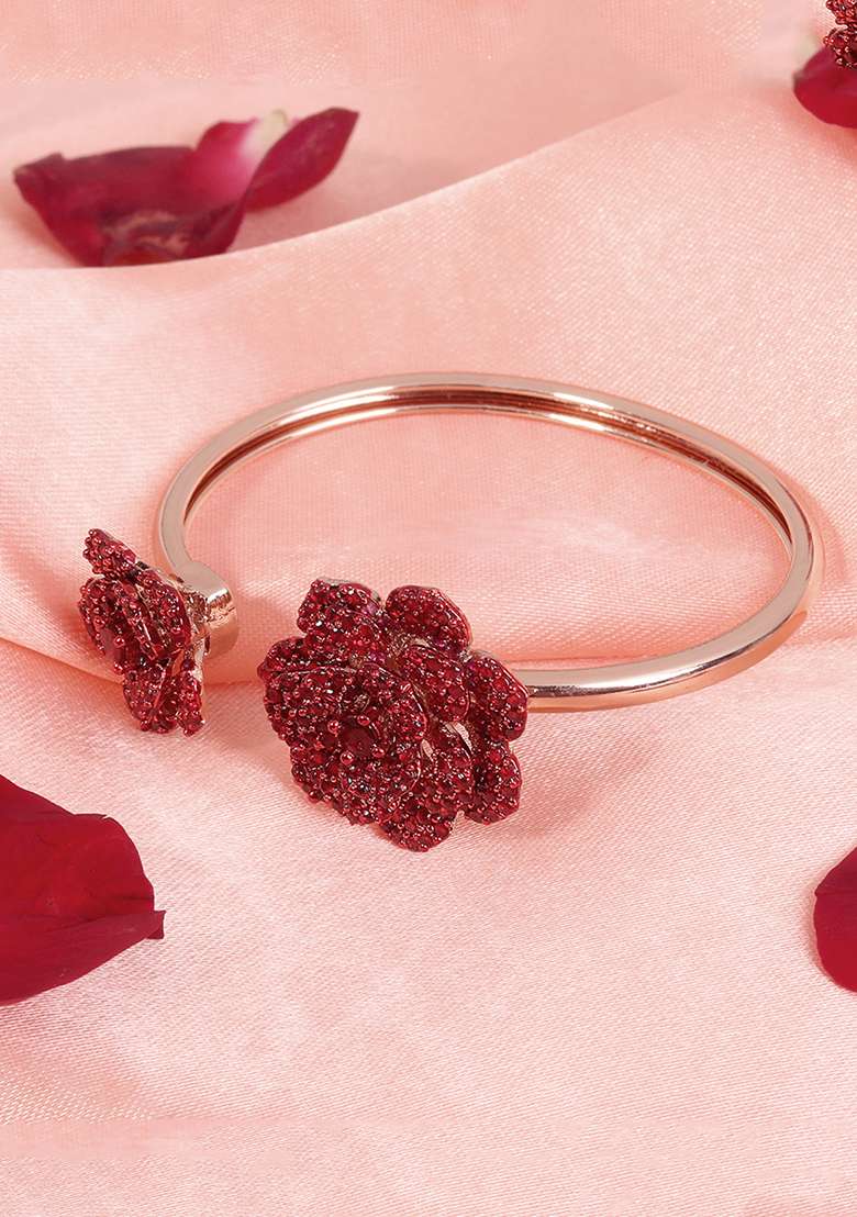 Rose Gold Plated Anti Tarnish American Diamond Stone Studded Cuff Bracelet - Indya