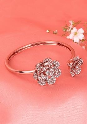 Rose Gold Plated Anti Tarnish American Diamond Stone Studded Cuff Bracelet