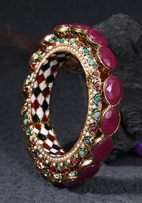 Women Set Of One 24Ct Copper Gold Plated Pink Stone With Pearls Ethnic Bangle