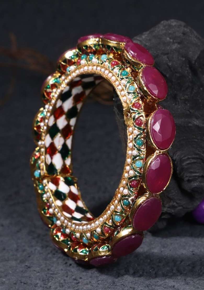 Women Set Of One 24Ct Copper Gold Plated Pink Stone With Pearls Ethnic Bangle - Indya