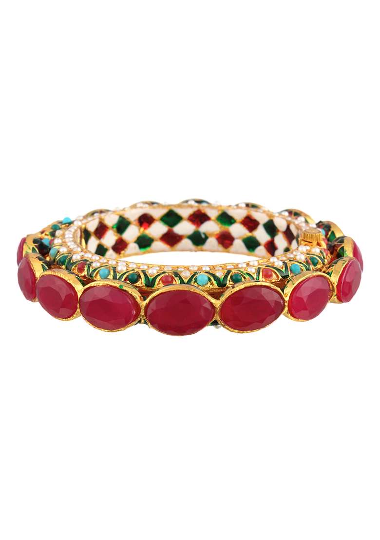 Women Set Of One 24Ct Copper Gold Plated Pink Stone With Pearls Ethnic Bangle - Indya
