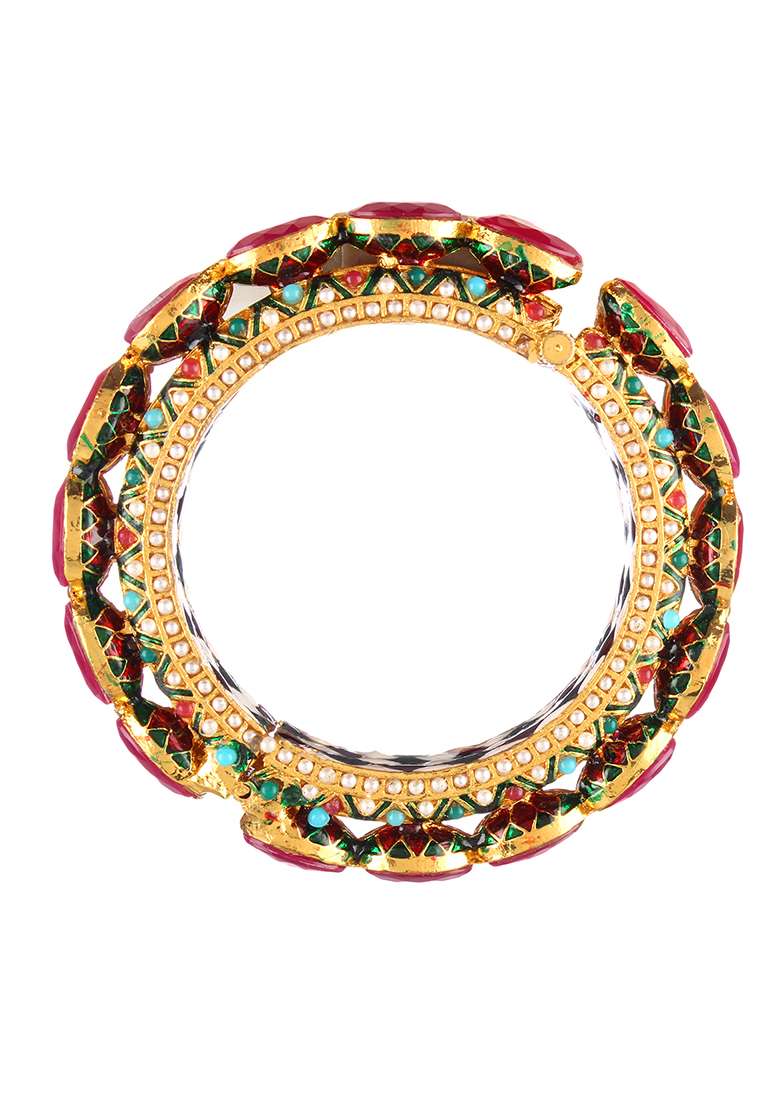 Women Set Of One 24Ct Copper Gold Plated Pink Stone With Pearls Ethnic Bangle - Indya