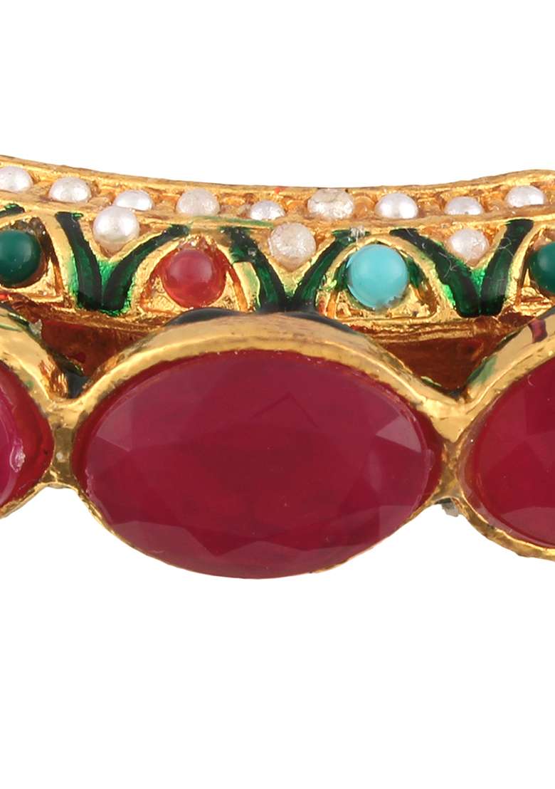 Women Set Of One 24Ct Copper Gold Plated Pink Stone With Pearls Ethnic Bangle - Indya