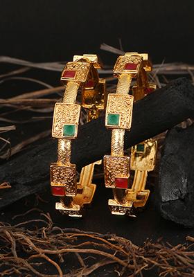 Set Of 2 Gold Plated Red And Green Handcrafted Bangles