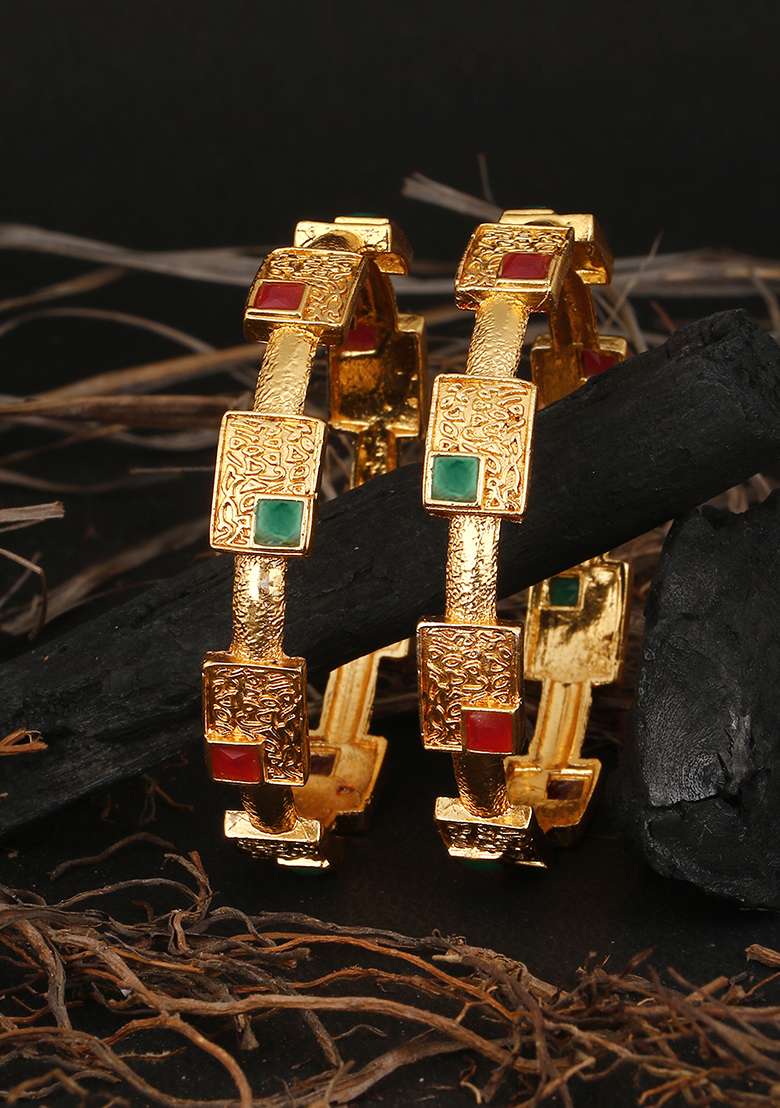 Set Of 2 Gold Plated Red And Green Handcrafted Bangles - Indya