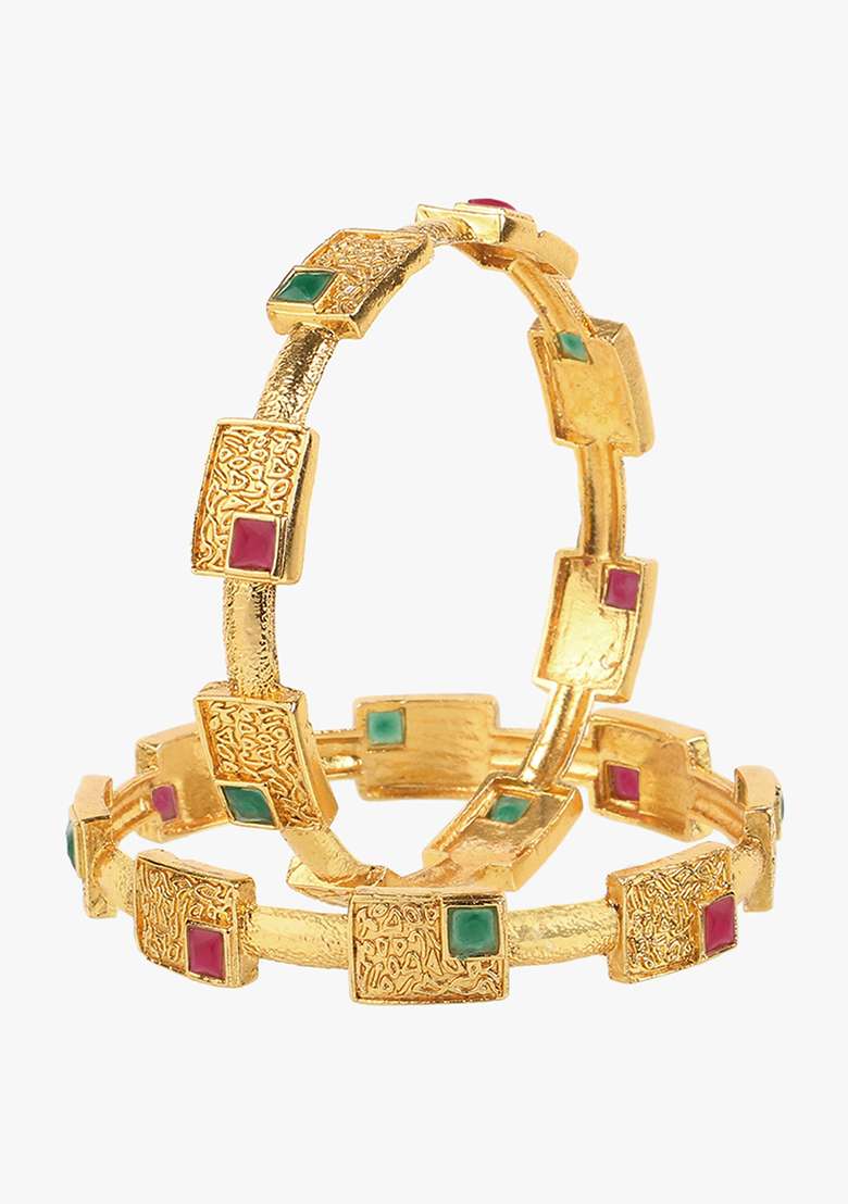 Set Of 2 Gold Plated Red And Green Handcrafted Bangles - Indya