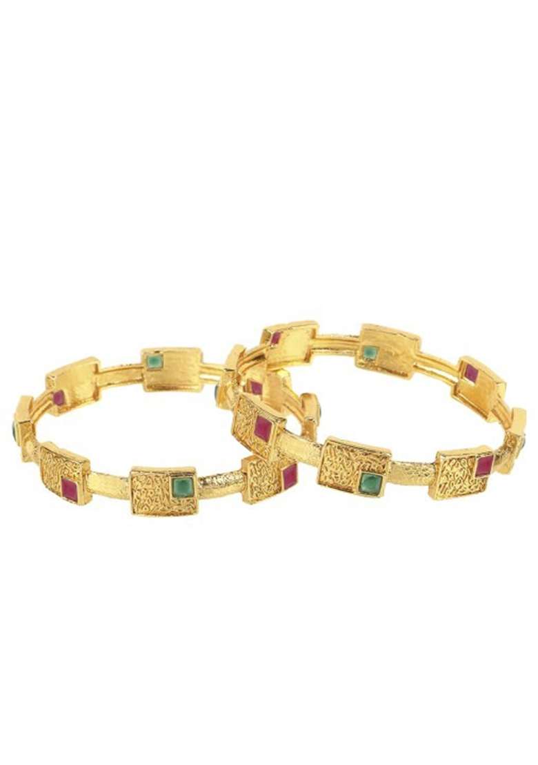 Set Of 2 Gold Plated Red And Green Handcrafted Bangles - Indya