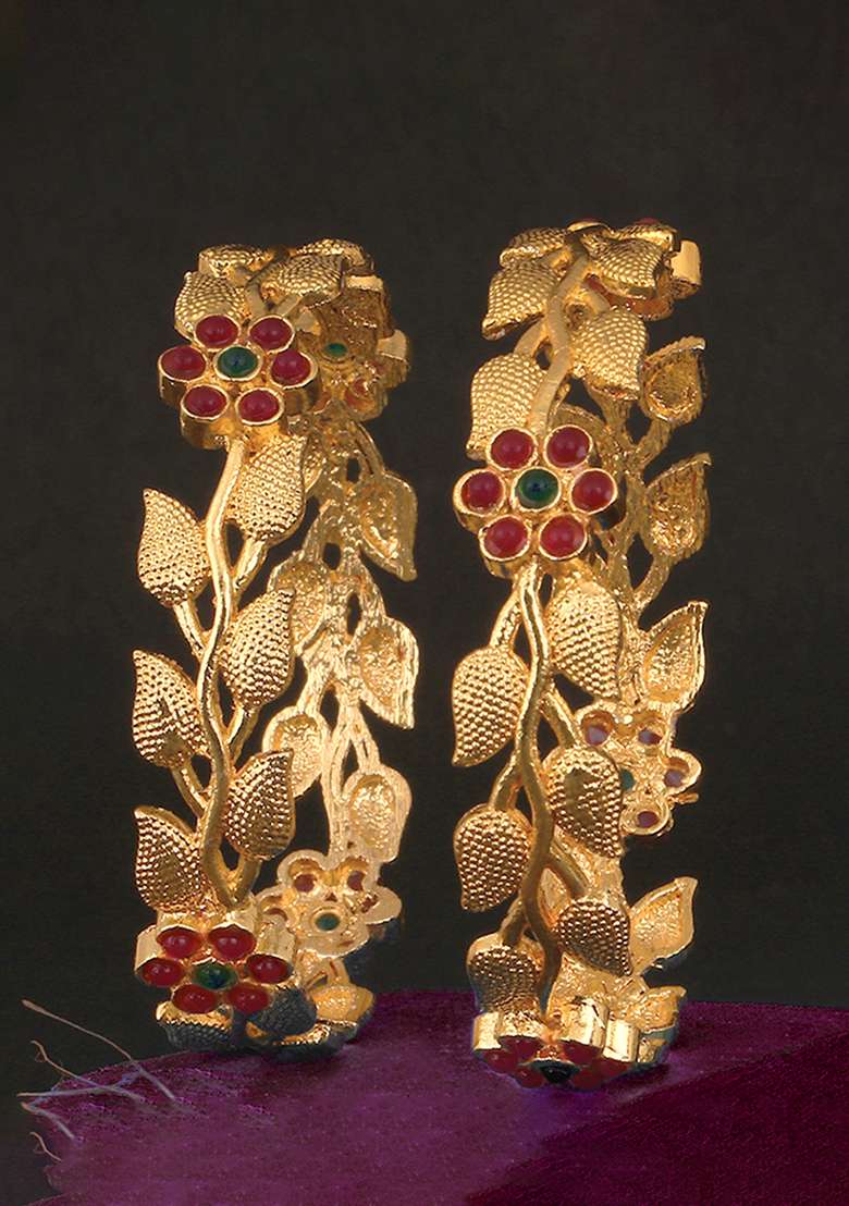 Set Of 2 Gold Plated Stone Studded Leaf Shapped Handcrafted Bangles - Indya