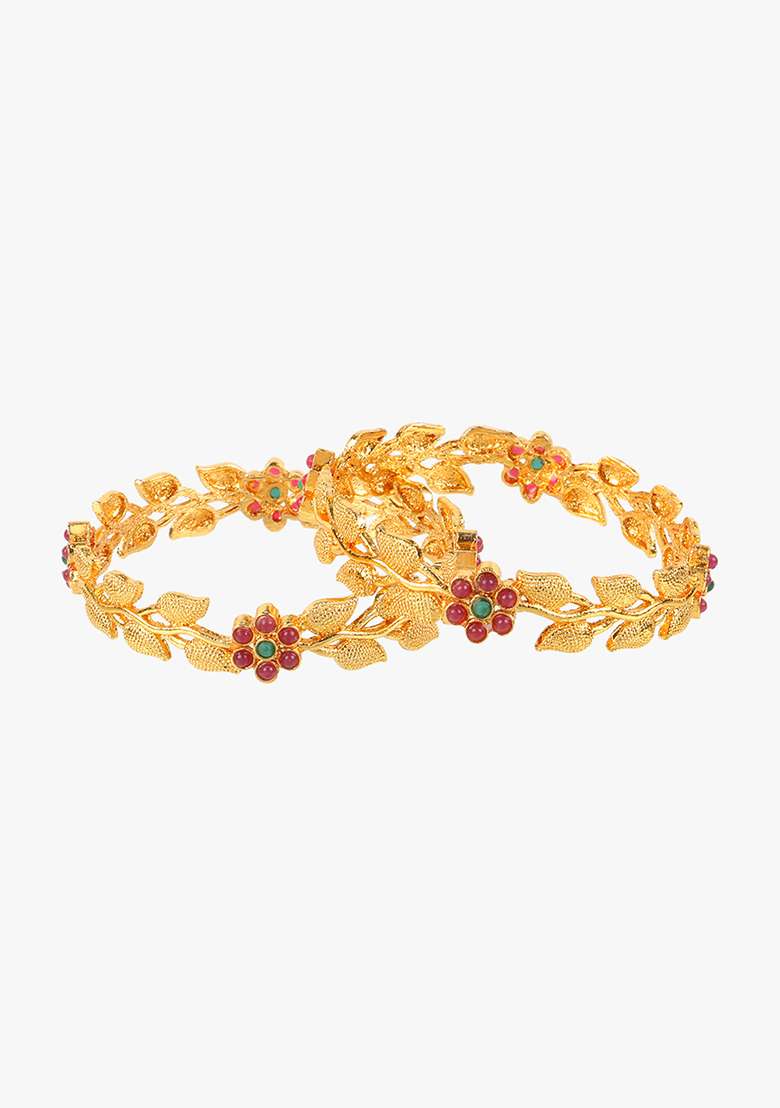 Set Of 2 Gold Plated Stone Studded Leaf Shapped Handcrafted Bangles - Indya