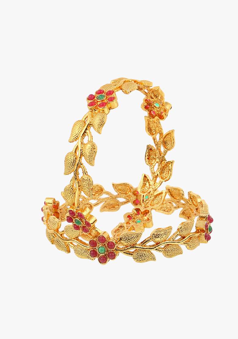 Set Of 2 Gold Plated Stone Studded Leaf Shapped Handcrafted Bangles - Indya