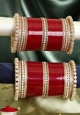 Women Gold Plated Flower Design Red Bridal Stone Kundan Wedding Chuda