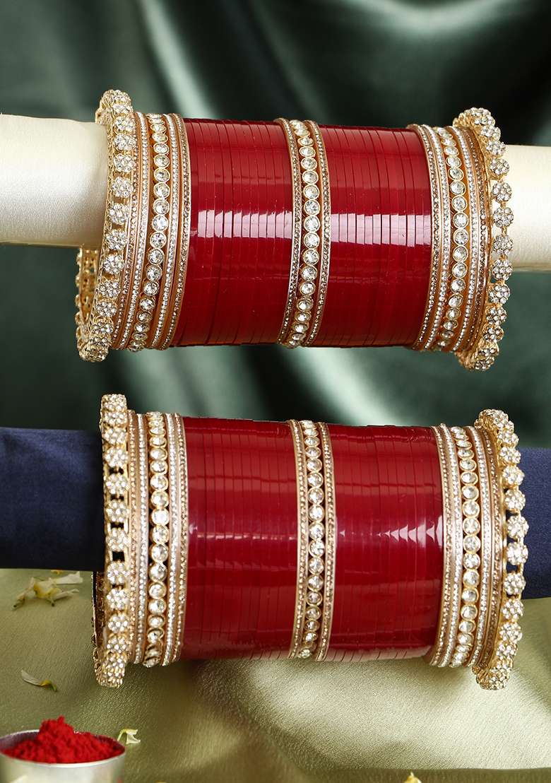 Women Gold Plated Flower Design Red Bridal Stone Kundan Wedding Chuda - Indya