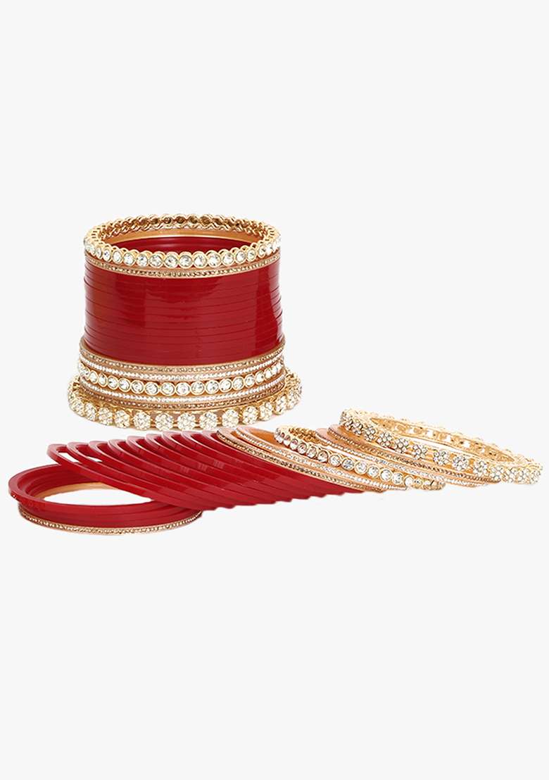 Women Gold Plated Flower Design Red Bridal Stone Kundan Wedding Chuda - Indya