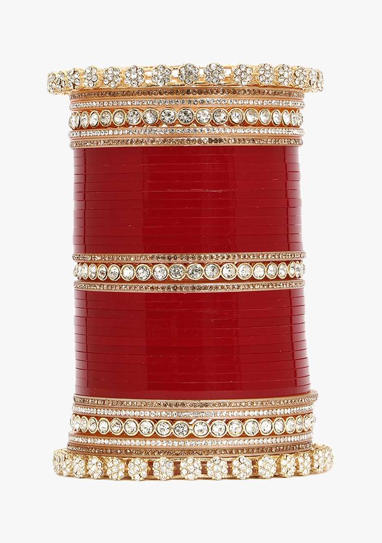 Women Gold Plated Flower Design Red Bridal Stone Kundan Wedding Chuda - Indya