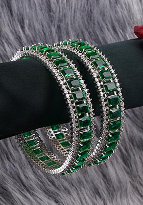 Women Set Of 2 Rhodium Plated Green Stone Bangles