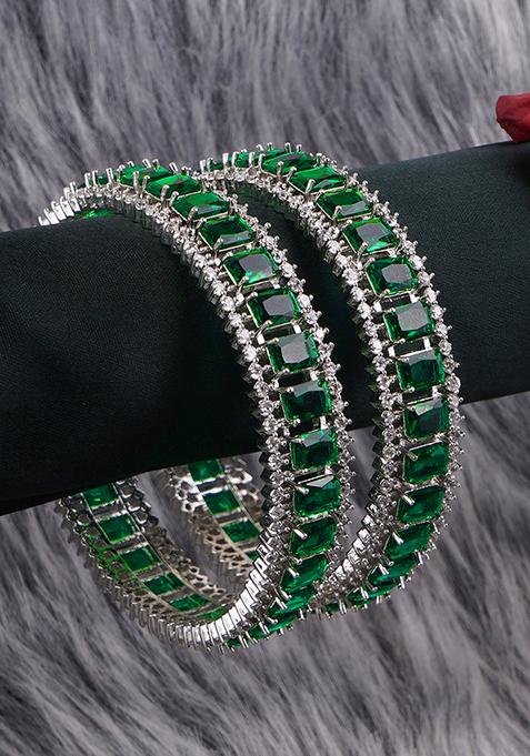 Women Set Of 2 Rhodium Plated Green Stone Bangles