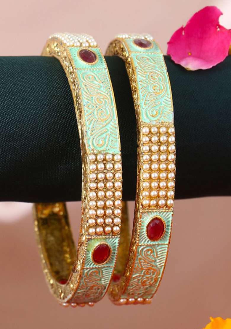 Gold Plated Stone Studded Handcrafted Bangles (Set Of 2 ) - Indya