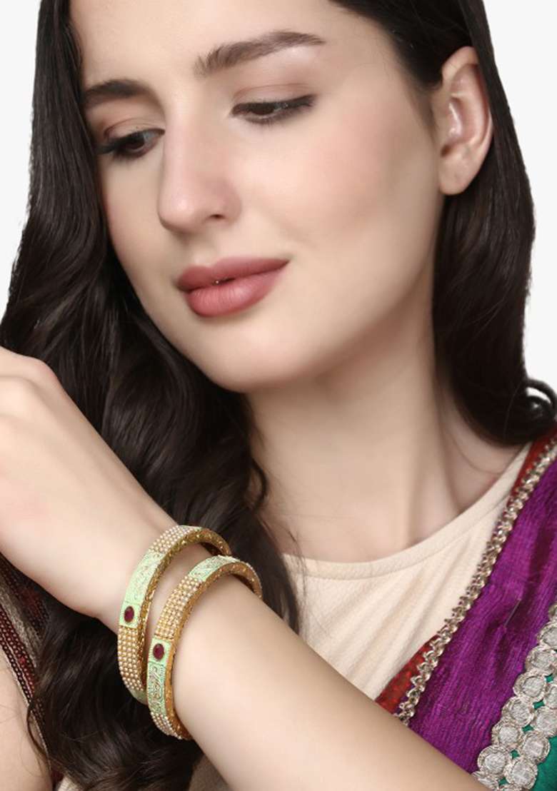 Gold Plated Stone Studded Handcrafted Bangles (Set Of 2 ) - Indya