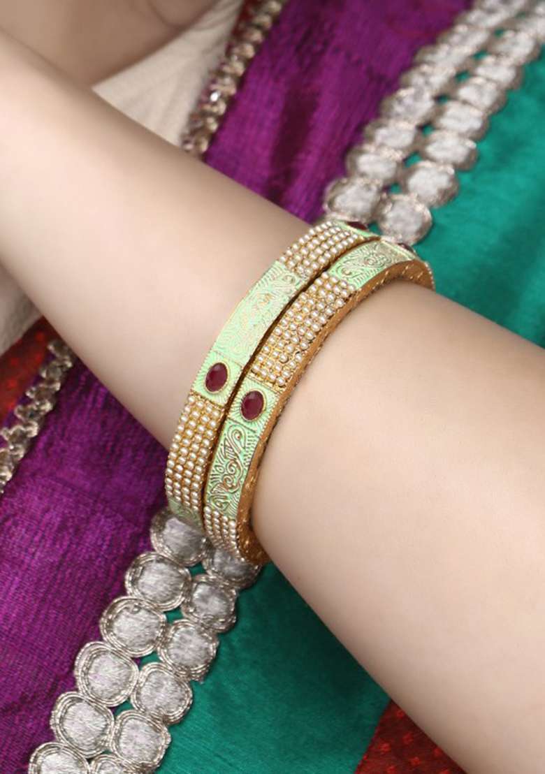 Gold Plated Stone Studded Handcrafted Bangles (Set Of 2 ) - Indya