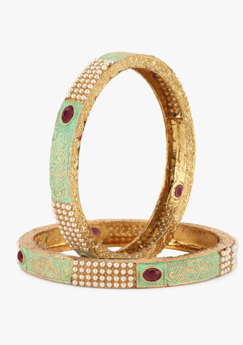 Gold Plated Stone Studded Handcrafted Bangles (Set Of 2 ) - Indya
