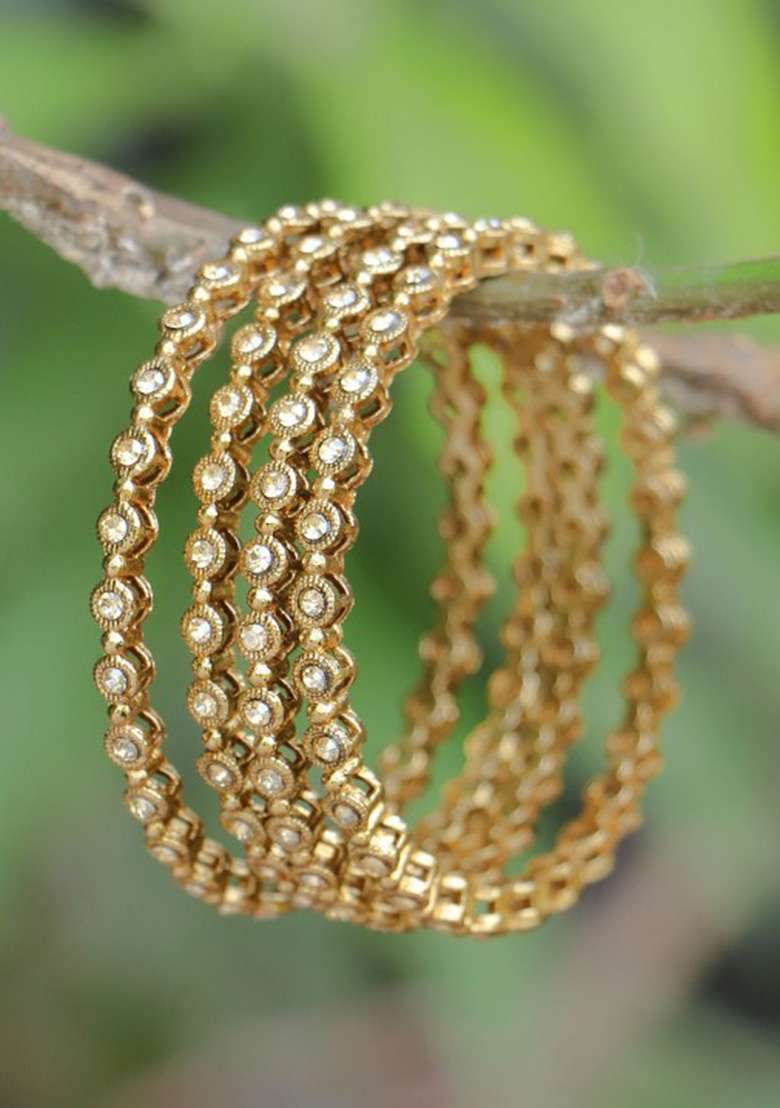 Gold Plated Stone Studded Handcrafted Bangle (Set Of 4) - Indya