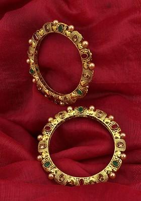 24Ct Gold Plated Green Red Stone Studded Handcrafted Kada