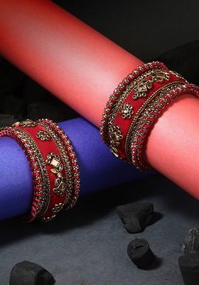 Maroon Gold Set Of 10 Velvet Silk Thread Chuda Bangle Set