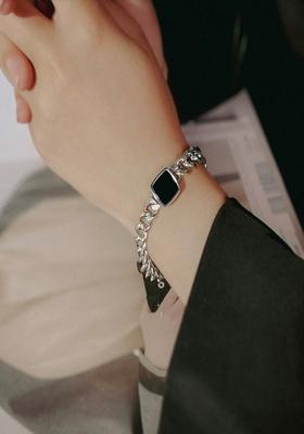 18K Silver Plated Waterproof Anti Tarnish Black Onyx Chain Link Bracelet