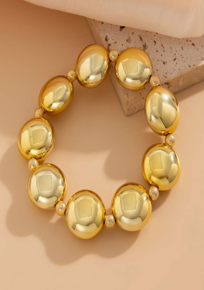 Gold Plated Bold Chunky Glossy Stretchable Beaded Bracelet - Indya