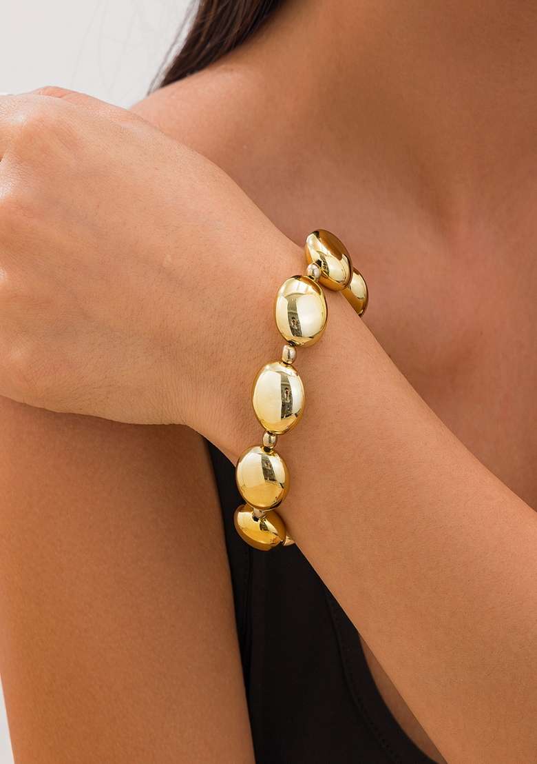 Gold Plated Bold Chunky Glossy Stretchable Beaded Bracelet - Indya