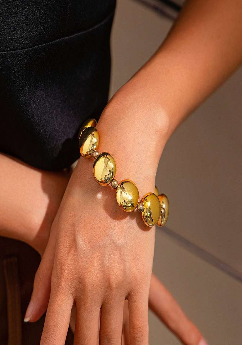 Gold Plated Bold Chunky Glossy Stretchable Beaded Bracelet - Indya