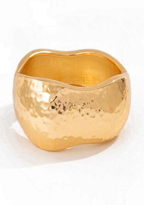 Glossy Gold Plated Bold Hammered Open Bangle Bracelet