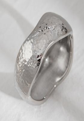 Glossy Silver Plated Bold Hammered Open Bangle Bracelet