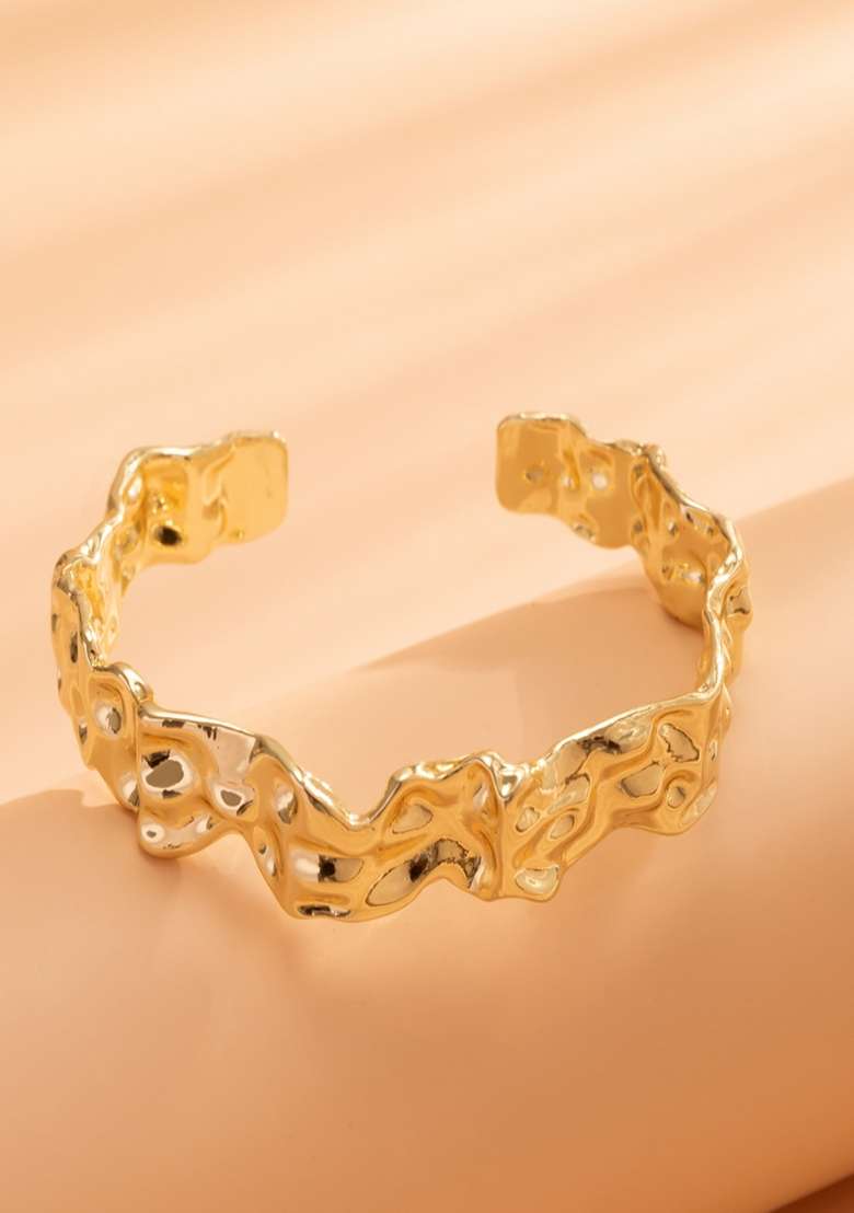 Shiny Gold Plated Anti Tarnish Hammered Chunky Adjustable Cuff Bangle Bracelet - Indya