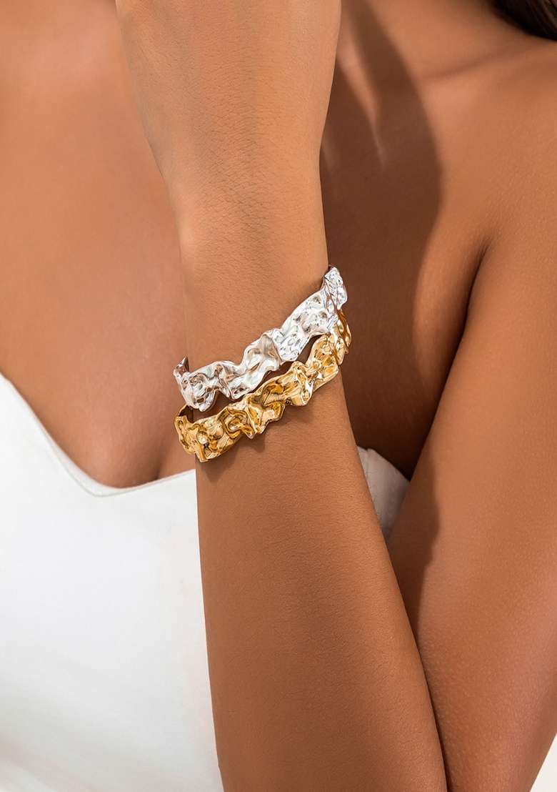 Shiny Gold Plated Anti Tarnish Hammered Chunky Adjustable Cuff Bangle Bracelet - Indya