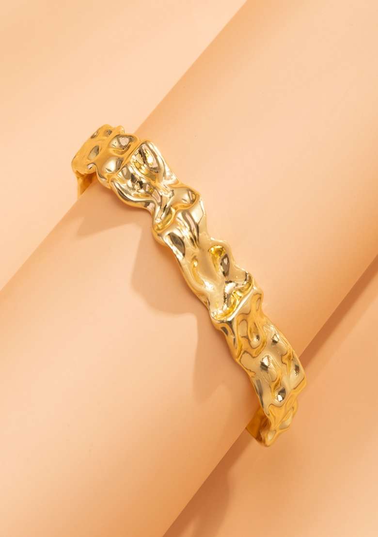 Shiny Gold Plated Anti Tarnish Hammered Chunky Adjustable Cuff Bangle Bracelet - Indya