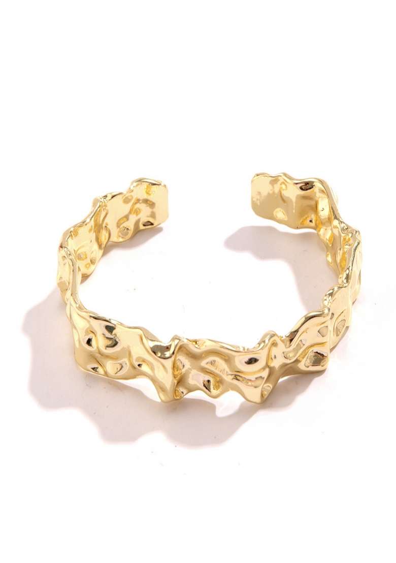 Shiny Gold Plated Anti Tarnish Hammered Chunky Adjustable Cuff Bangle Bracelet - Indya