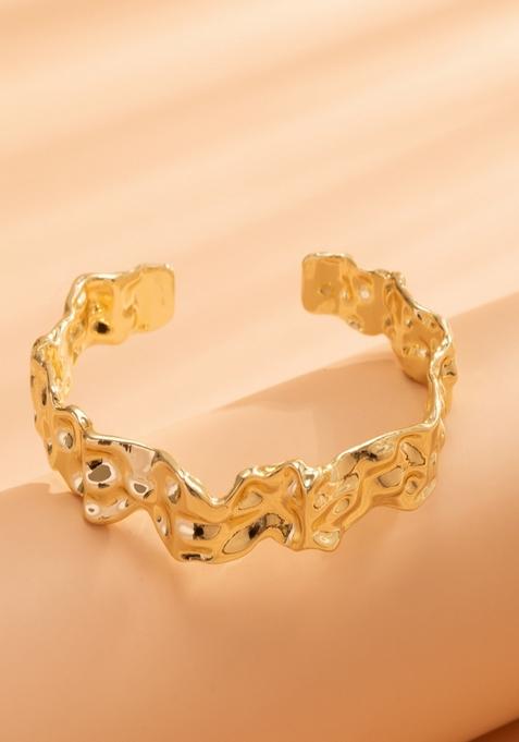 Shiny Gold Plated Anti Tarnish Hammered Chunky Adjustable Cuff Bangle Bracelet